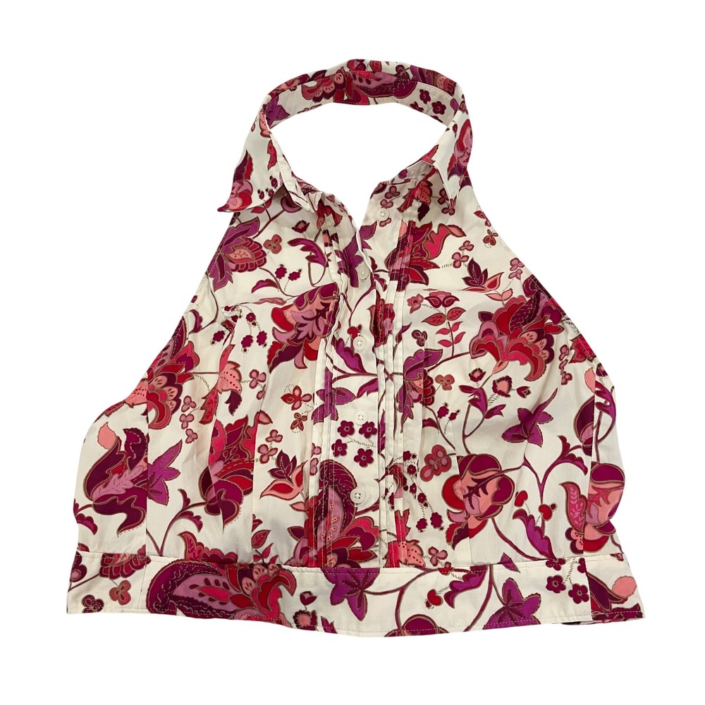 Vintage Express Y2K Halter Button Open Back Top Floral Paisley Boho Crop Size 2
